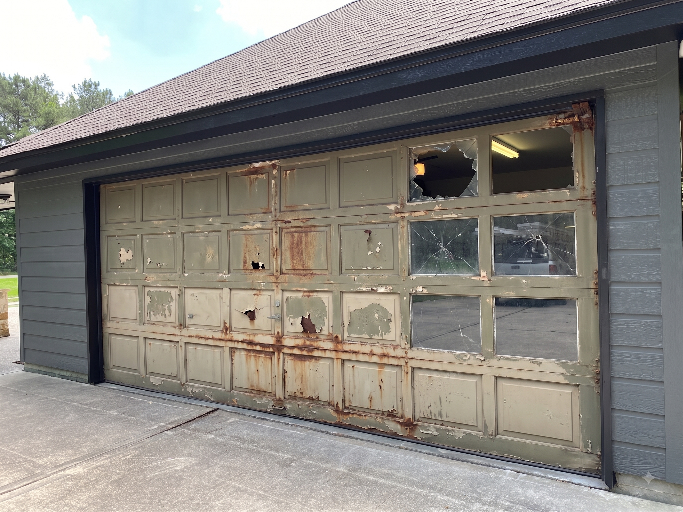Before: aging black garage door prior to replacement